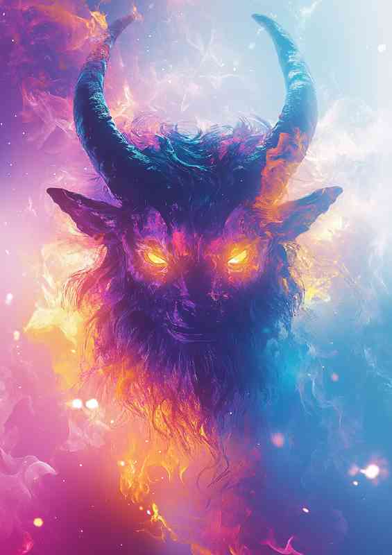 Anthropomorphic mythical beast with horns in neon