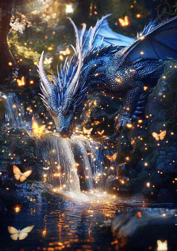 Blue dragon surrounded by glowing fireflies and butterflies