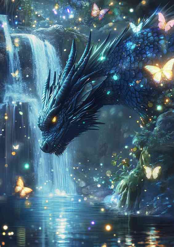 Blue dragon surrounded by glowing fireflies and butterflies and waterfall