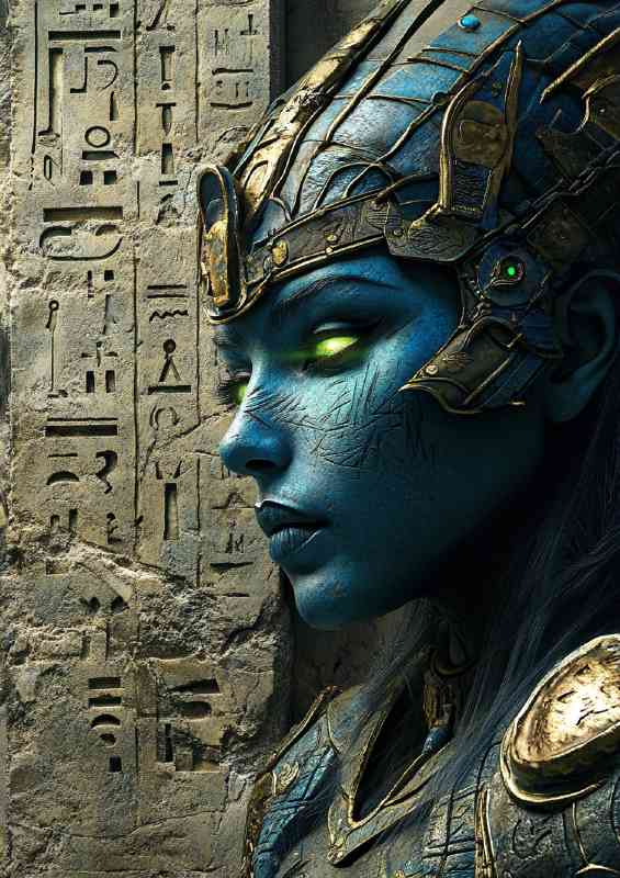Blue skinned Egyptian goddess with glowing eyes