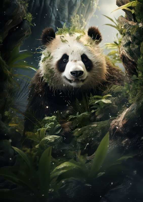 Panda in bamboo mountains with green folliage