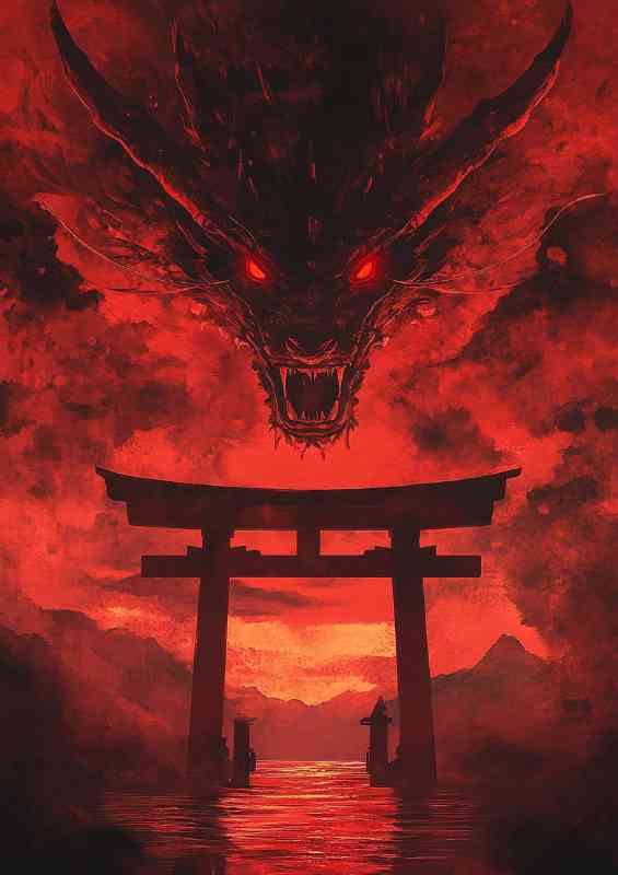 Dragon with red eyes is flying above the torii gate