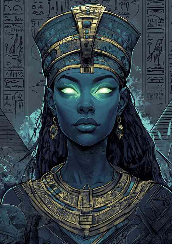 Egyptian goddess with glowing green eyes