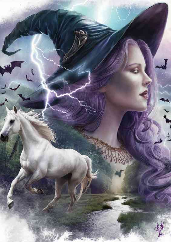 Enchanting and surreal witch and the horse