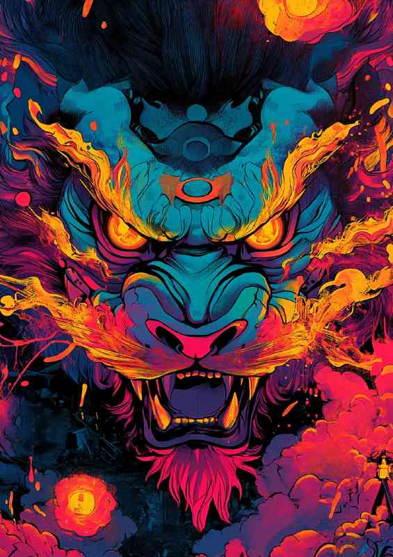Fierce looking multicolored lion with glowing yellow eyes