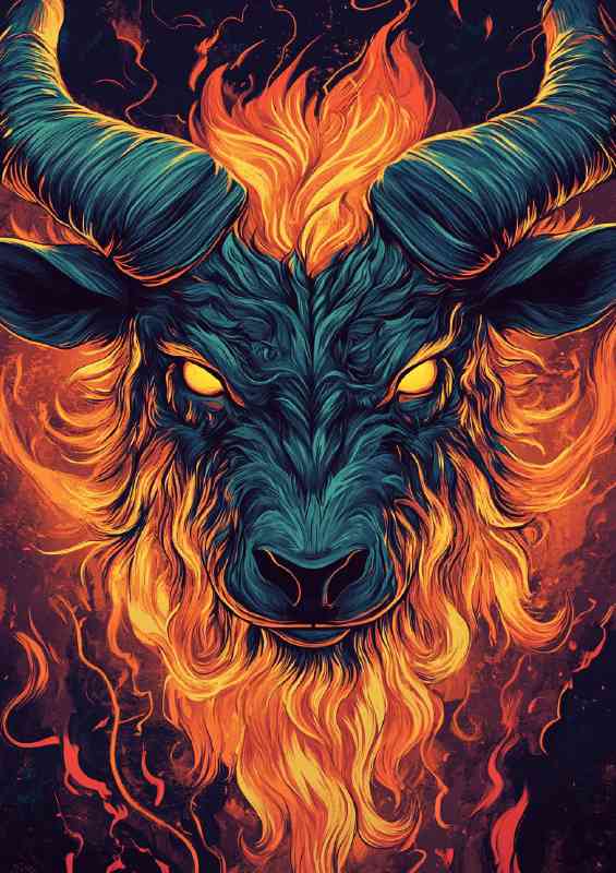 Fire demon with horns and glowing yellow eyes