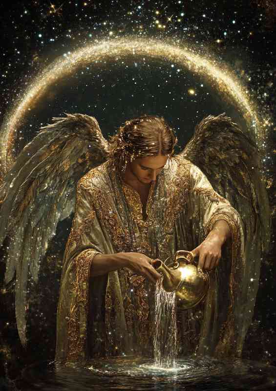 Handsome angel pouring water from an ornate jug