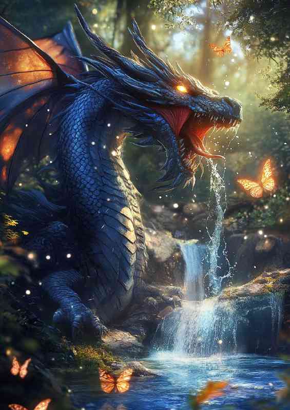 In the center of the picture is an angry blue dragon