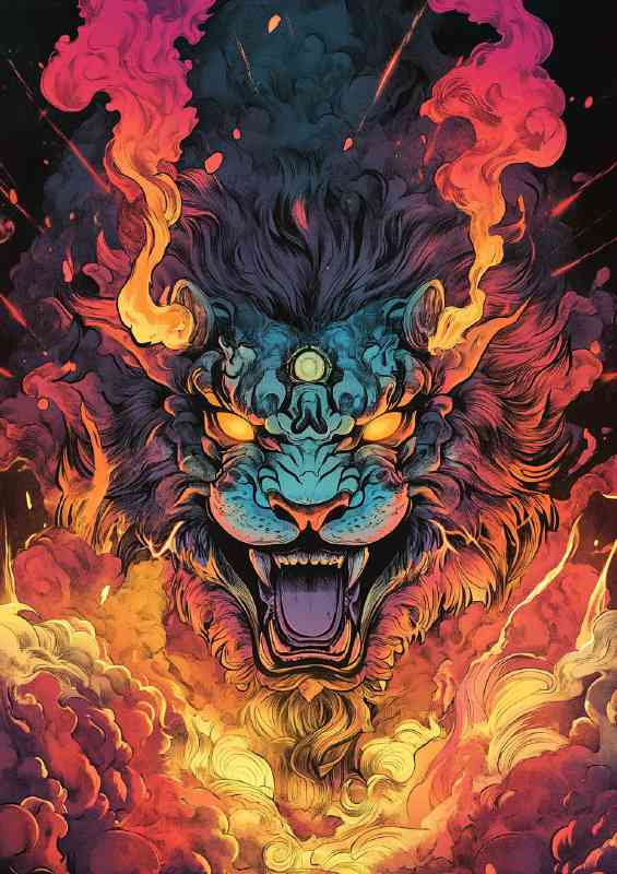 Multicolored lion with glowing yellow eyes