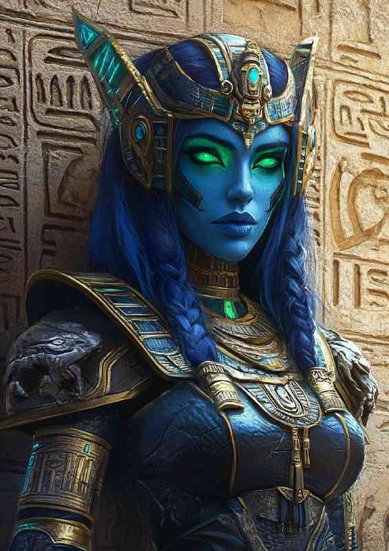 Mystical blue skinned Egyptian goddess glowing