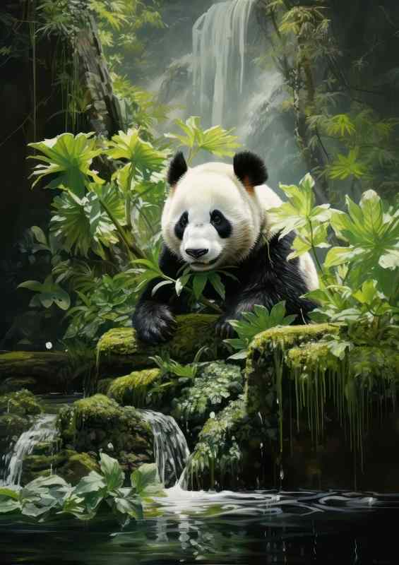 Panda in the bamboo near a waterfall