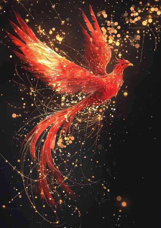 Phoenix against a black background with gold embers