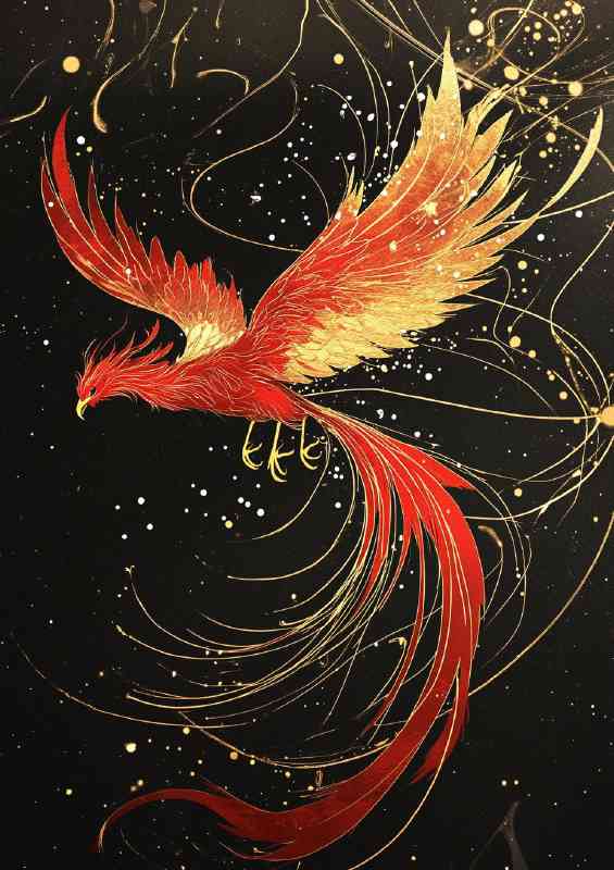 Red phoenix with a long tail gold foil texture