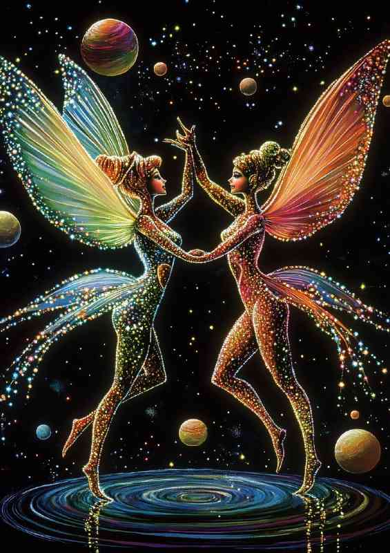Two beautiful colorful fairies dancing