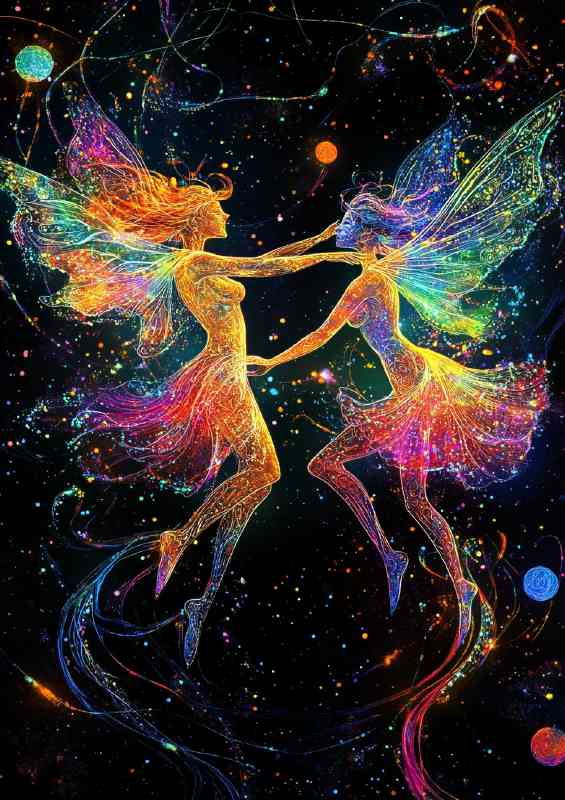 Two beautiful fairies dancing in the night sky