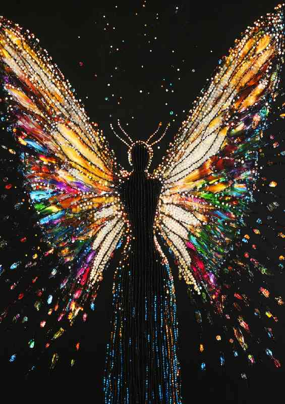 Woman with butterfly wings made of beads
