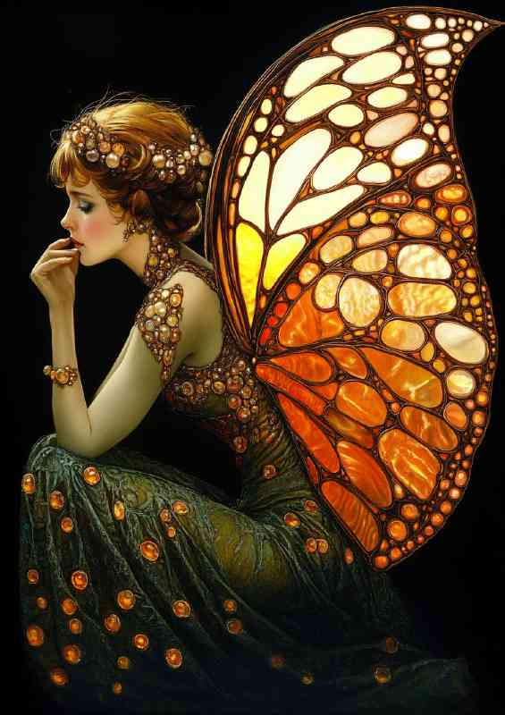 Woman with butterfly wings made of orange and yellow