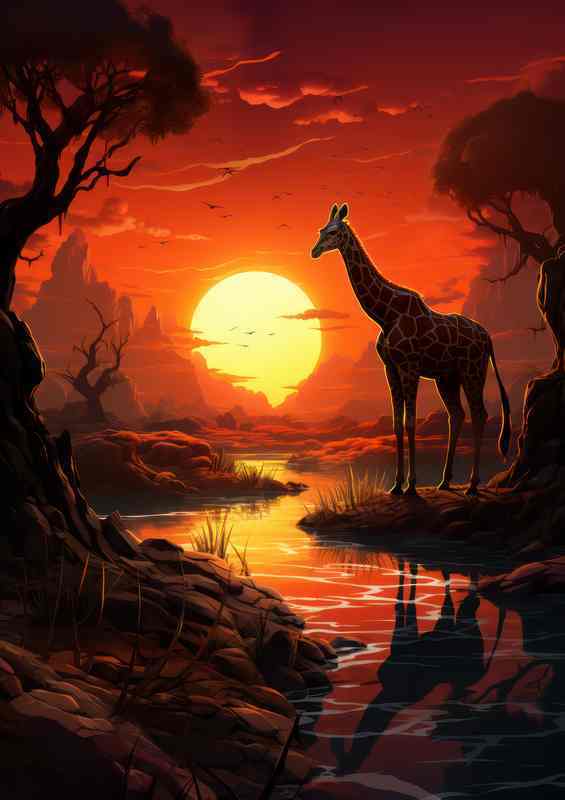 Single giraffe in silhouette against an orange sun