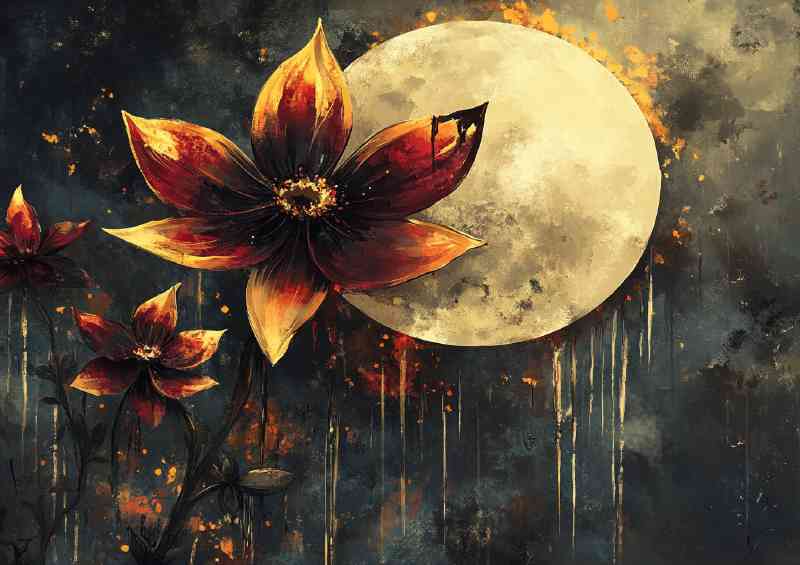 In the style of watercolor painting flowers with dark moon