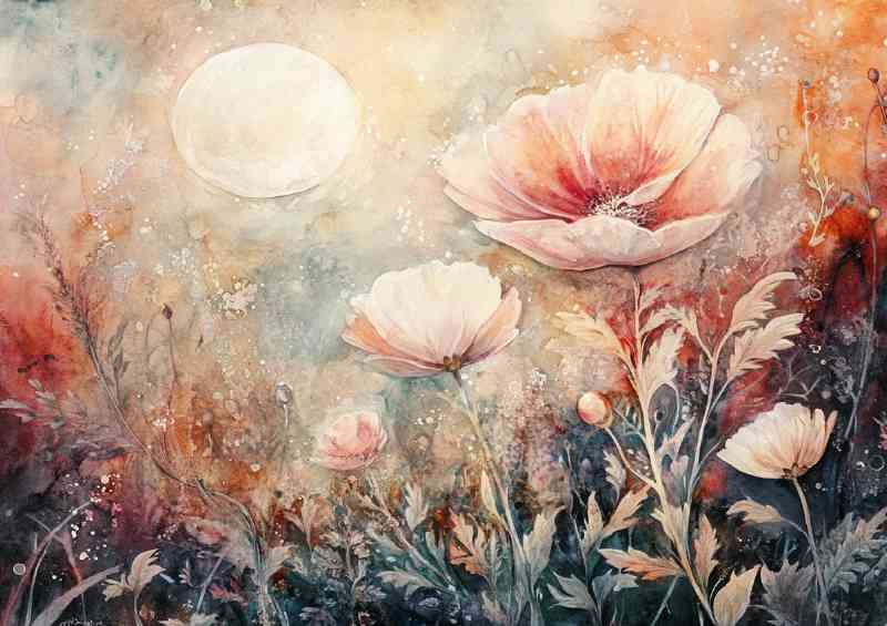 Surreal watercolor painting of giant flowers