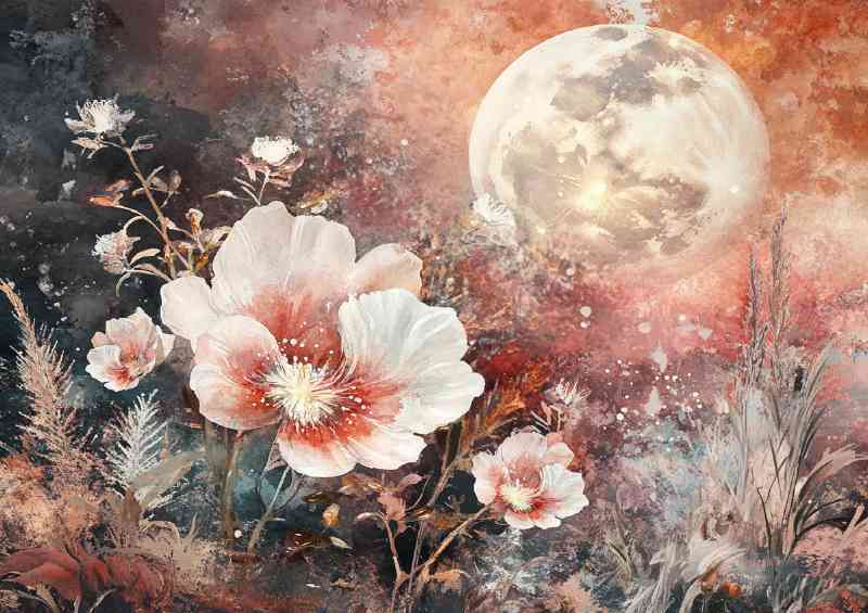 Surreal watercolor painting of giant flowers with the moon