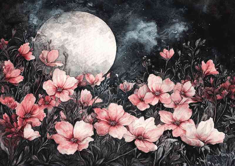 Watercolor painting of giant flowers on the moon