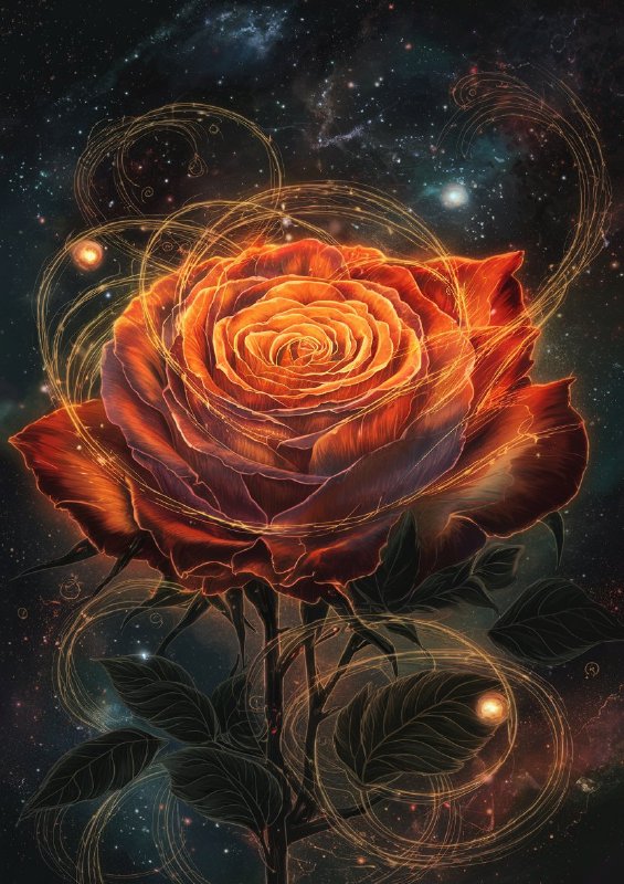 Cosmic rose with fiery swirling patterns