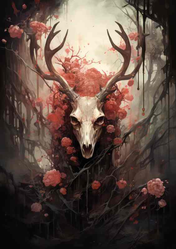 Skull of a Deer surrounded by woodlands and red flowers