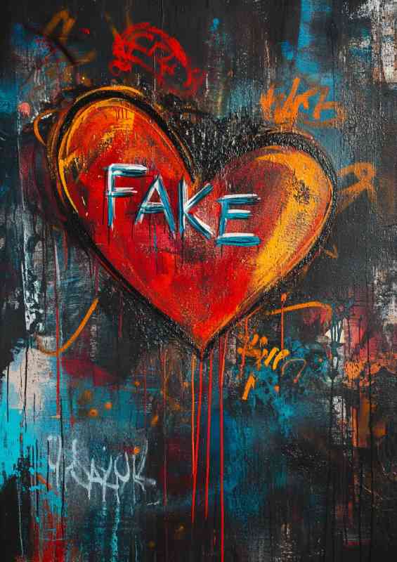 Graffiti art of a heart with the word FAKE