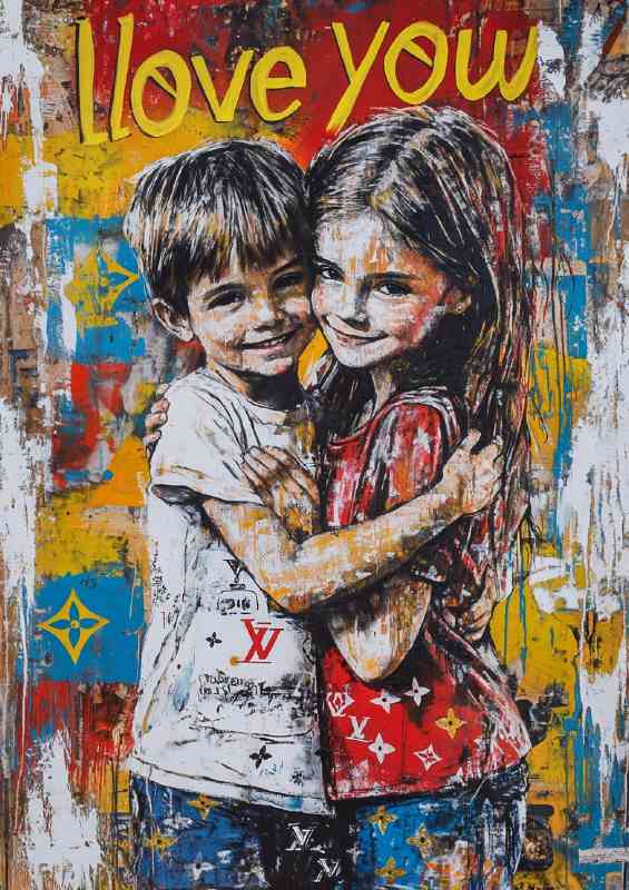 Graffiti painting of two children hugging