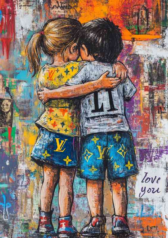 Graffiti painting of two children hugging colorful