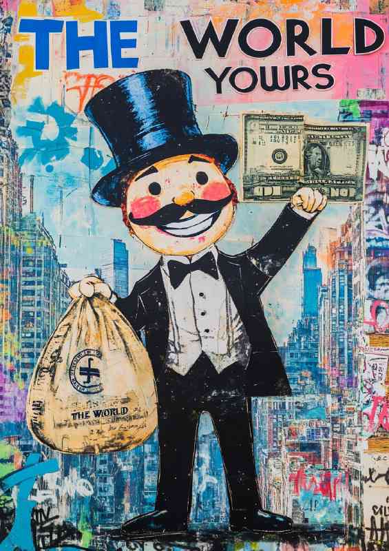 Graffitti style artwork featuring the Monopoly man