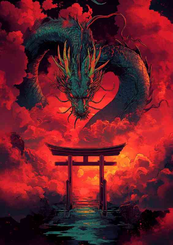 A Chinese dragon surrounded by red clouds and tori gate