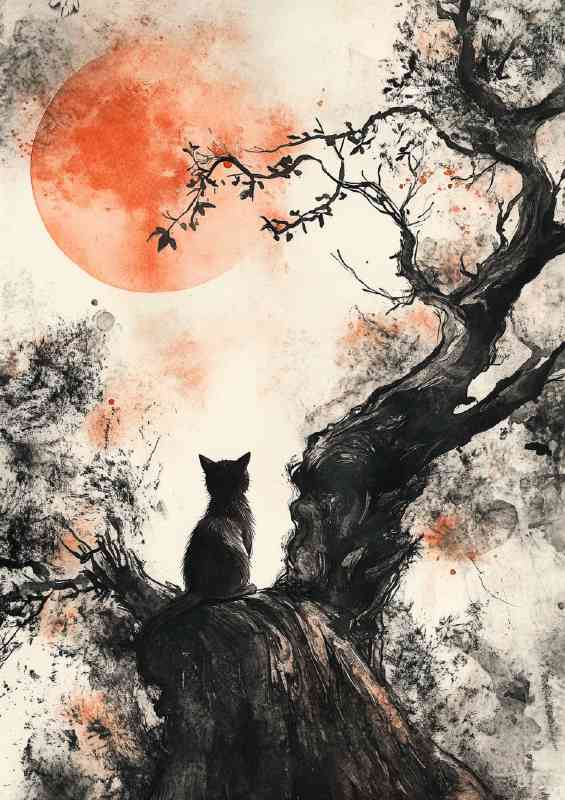 A cat sits on the edge of an old tree gazing at a red moon