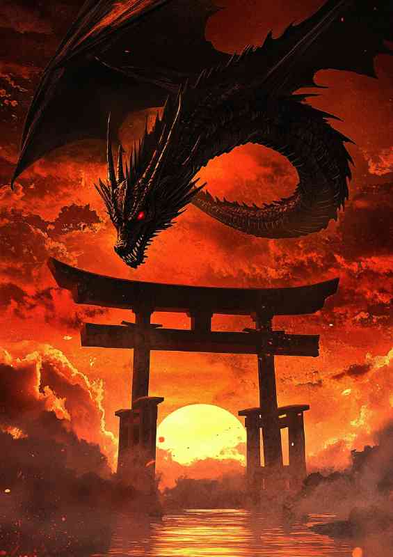 A dragon with red eyes is flying above the torii gate