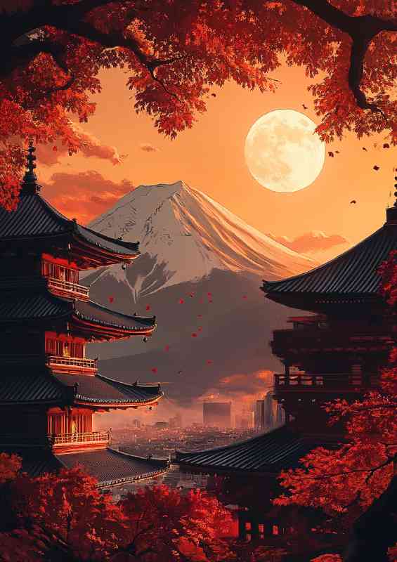 Art piece depicting Mount Fuji at sunset