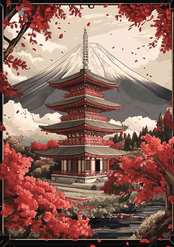 Beautiful Japanese temple with Mount Fuji