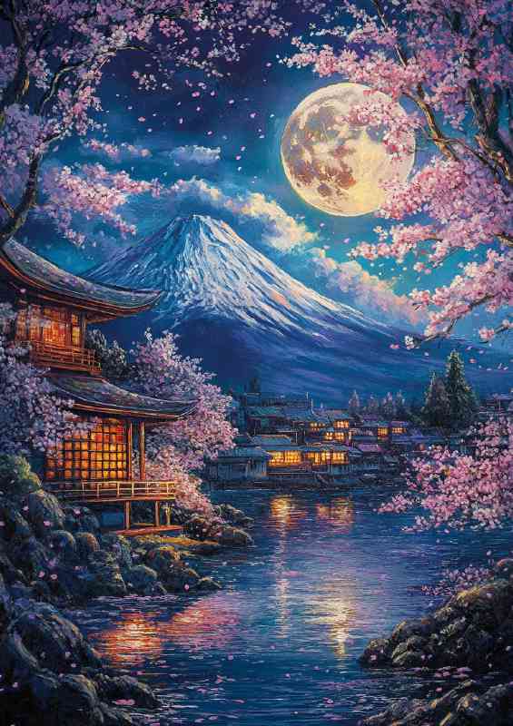 Breathtaking painting of Mount Fuji under the moon