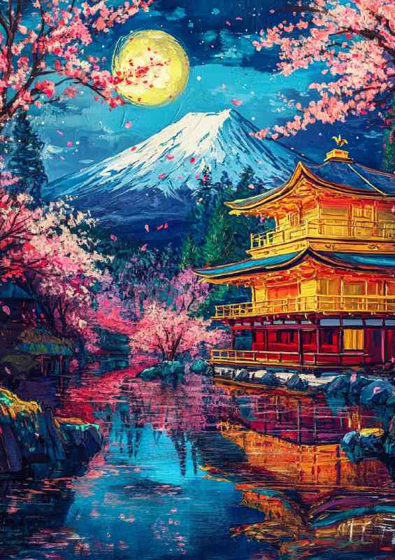 Breathtaking painting of Mount Fuji under the moon and reflection lake