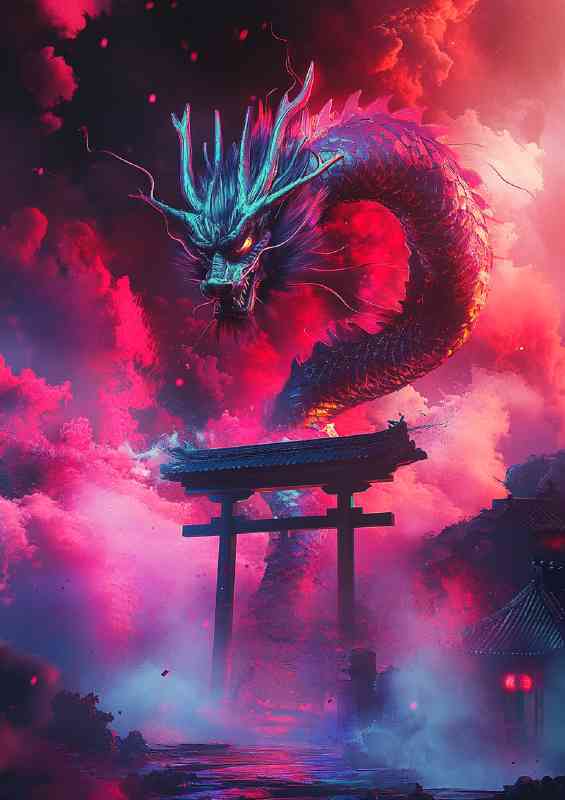 Chinese dragon surrounded clouds and Tori gate