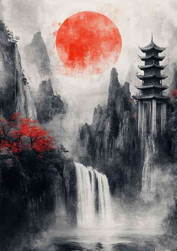 Chinese landscape painting Pavilions and towers waterfalls