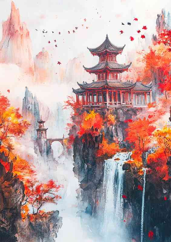 Chinese landscape painting with pavilions and tower orange trees