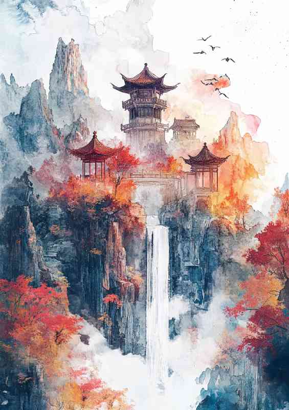 Chinese landscape with pavilions and towers waterfalls and trees