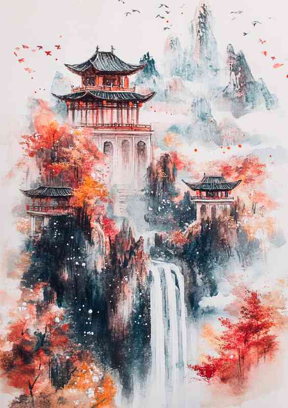 Chinese painting with waterfalls pavilions and towers