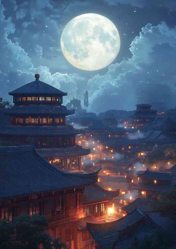 Chinese style ancient architecture blue sky and white full moon