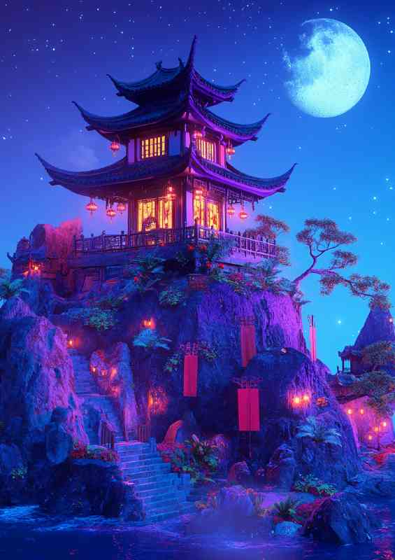 Chinese style building on the top of an island with neon blue