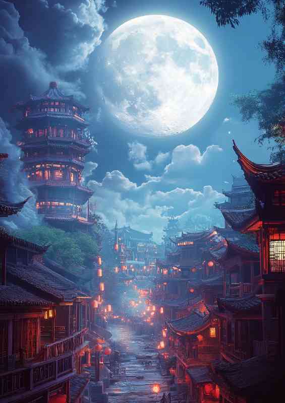 Chinese style city under the moonlight with ancient buildings