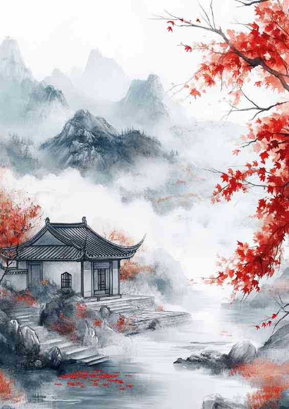 Chinese traditional painting landscape painting with lake and mist