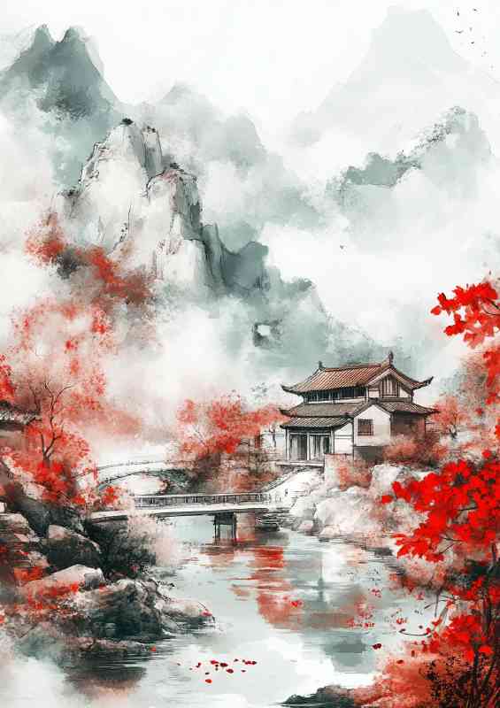 Chinese traditional painting landscape painting with architecture