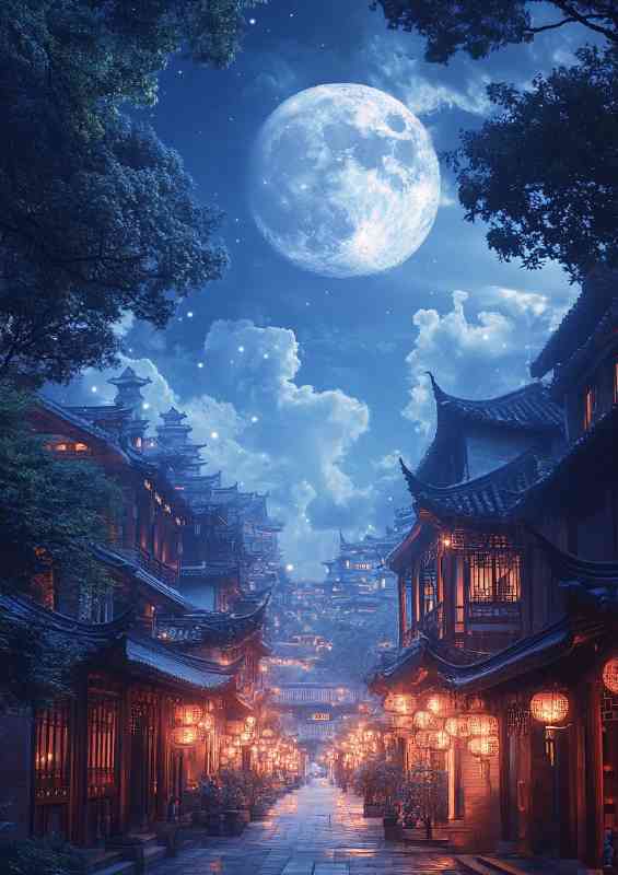 Huge moon hangs in the sky illuminating ancient Chinese village